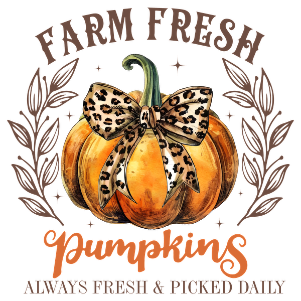 A charming illustration featuring a farm-fresh pumpkin adorned with a stylish leopard-print bow, perfect for autumn decor.dtf regular iron