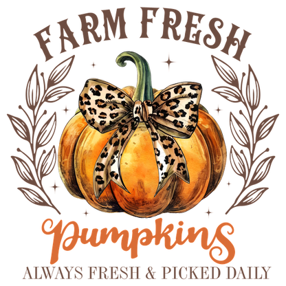 A charming illustration featuring a farm-fresh pumpkin adorned with a stylish leopard-print bow, perfect for autumn decor.dtf regular iron