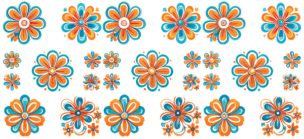 A vibrant collection of orange and turquoise flowers in various sizes and styles, perfect for decorative use.UV Transfers dtf prints