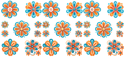 A vibrant collection of orange and turquoise flowers in various sizes and styles, perfect for decorative use.UV Transfers dtf prints