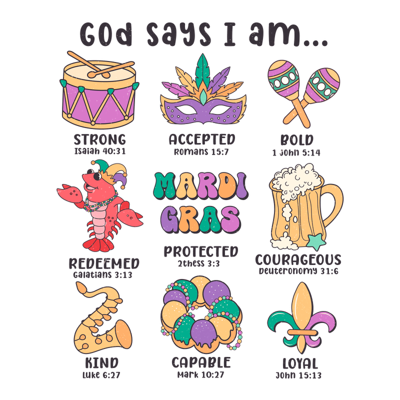 A colorful graphic proclaiming affirmations of identity inspired by Mardi Gras, featuring symbols like a drum, mask, and beads.DTF Transfers