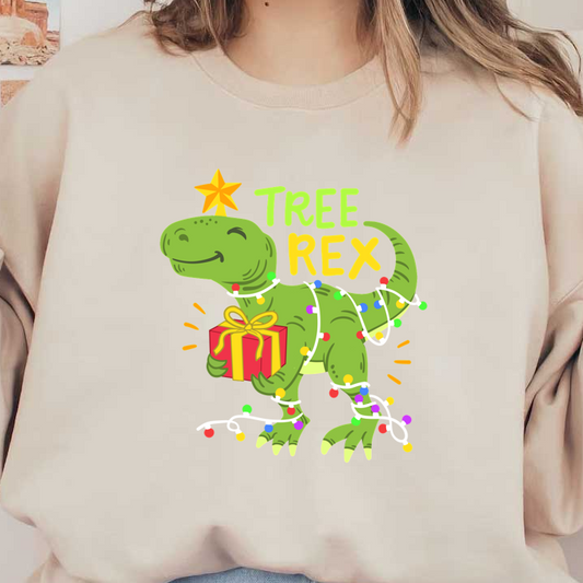 Meet Tree Rex, a fun dinosaur character wrapped in colorful Christmas lights, holding a gift with a star on its head!DTF Transfers dtf transfers dtf prints