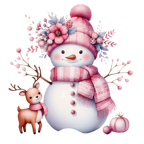 A cheerful pink-hatted snowman adorned with flowers and a matching scarf, accompanied by a cute reindeer and festive decorations. heat press transfers