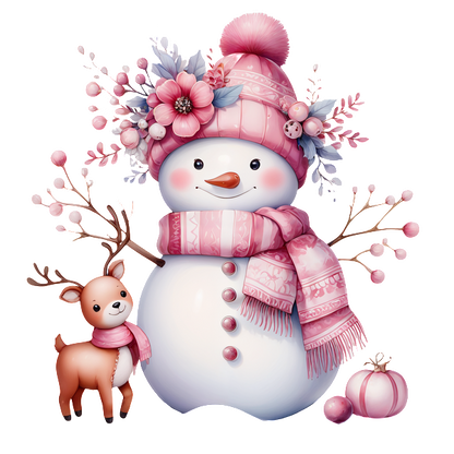 A cheerful pink-hatted snowman adorned with flowers and a matching scarf, accompanied by a cute reindeer and festive decorations. heat press transfers