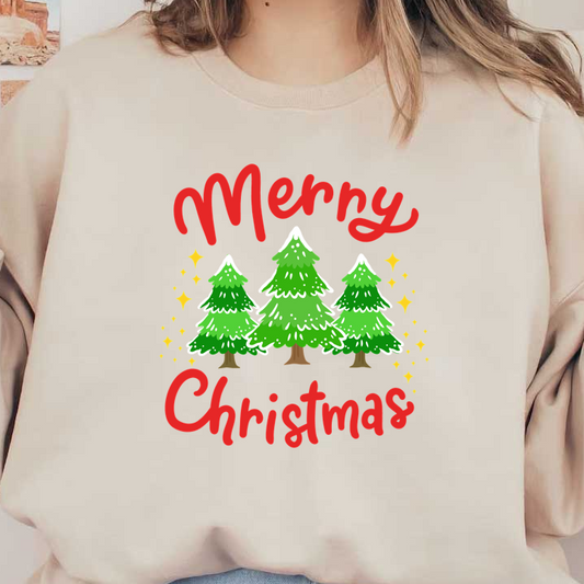 Celebrate the season with this cheerful "Merry Christmas" design featuring vibrant green trees and festive sparkles!DTF Transfers dtf prints