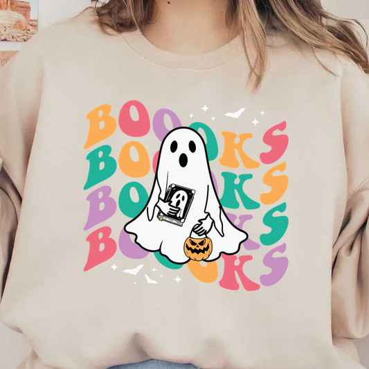 ¡Un lindo fantasma sostiene un libro y una calabaza, rodeado por un texto colorido que dice "LIBROS", perfecto para una temática de Halloween!