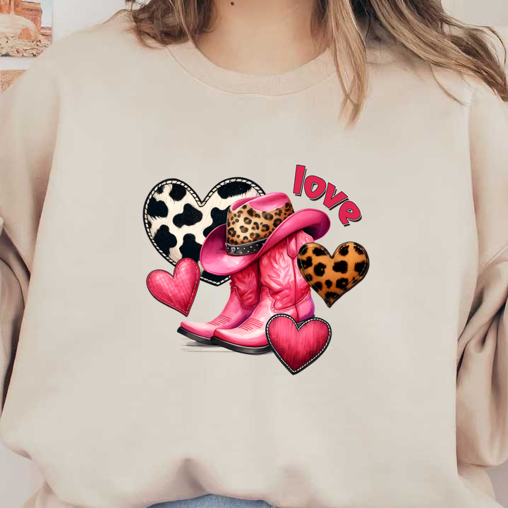 Un par de botas de vaquero rosas vibrantes adornadas con un elegante sombrero con estampado de leopardo, rodeado de corazones divertidos y la palabra "amor".