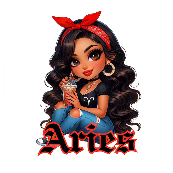 A stylish cartoon character representing Aries, featuring long dark hair, a red bandana, and holding a drink, wearing a casual outfit.dtf regular iron