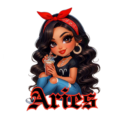 A stylish cartoon character representing Aries, featuring long dark hair, a red bandana, and holding a drink, wearing a casual outfit.dtf regular iron