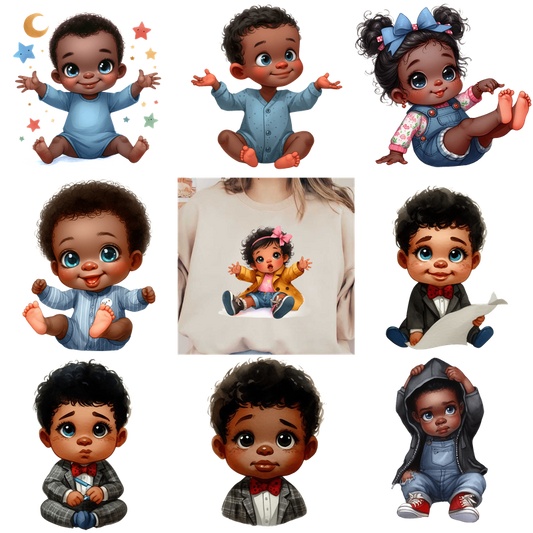 Cute baby stickers featuring playful cartoon boys and girls in various outfits.DTF Transfers