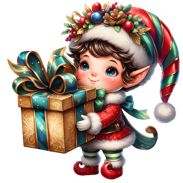 A cheerful elf in a festive outfit holds a beautifully wrapped gift, adorned with colorful ribbons and a holiday-themed hat.DTF Transfers dtf prints