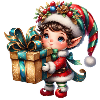 A cheerful elf in a festive outfit holds a beautifully wrapped gift, adorned with colorful ribbons and a holiday-themed hat.DTF Transfers dtf prints