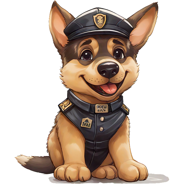 ¡Conoce a un adorable cachorro de dibujos animados vestido como un oficial de policía, con gorra y uniforme, que irradia encanto y ternura!