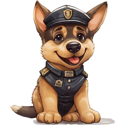 ¡Conoce a un adorable cachorro de dibujos animados vestido como un oficial de policía, con gorra y uniforme, que irradia encanto y ternura!