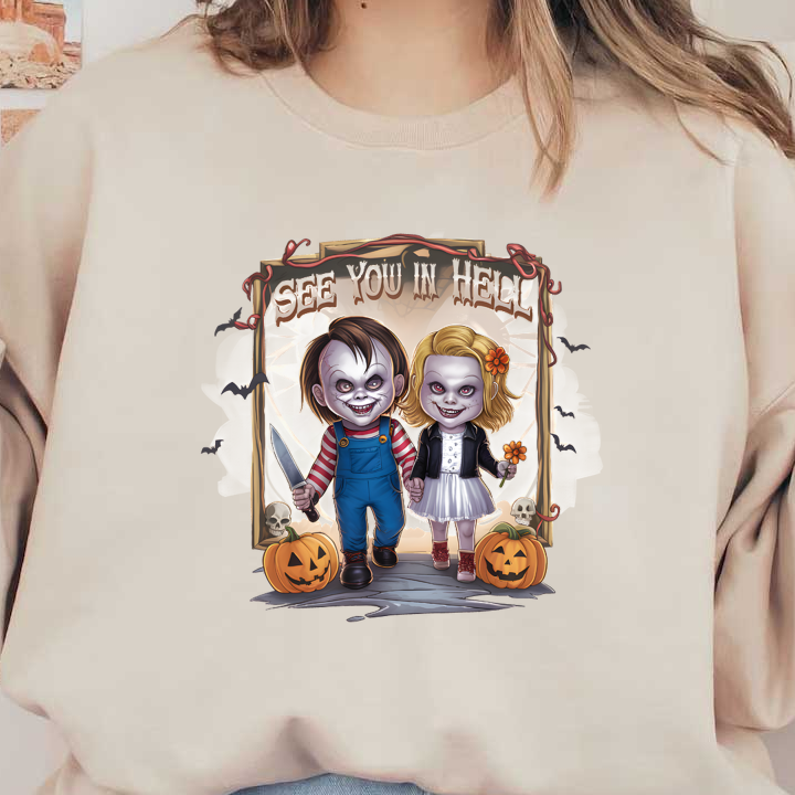 A spooky illustration of two eerie, cartoonish children, holding a knife and a flower, framed by Halloween elements. dtf prints