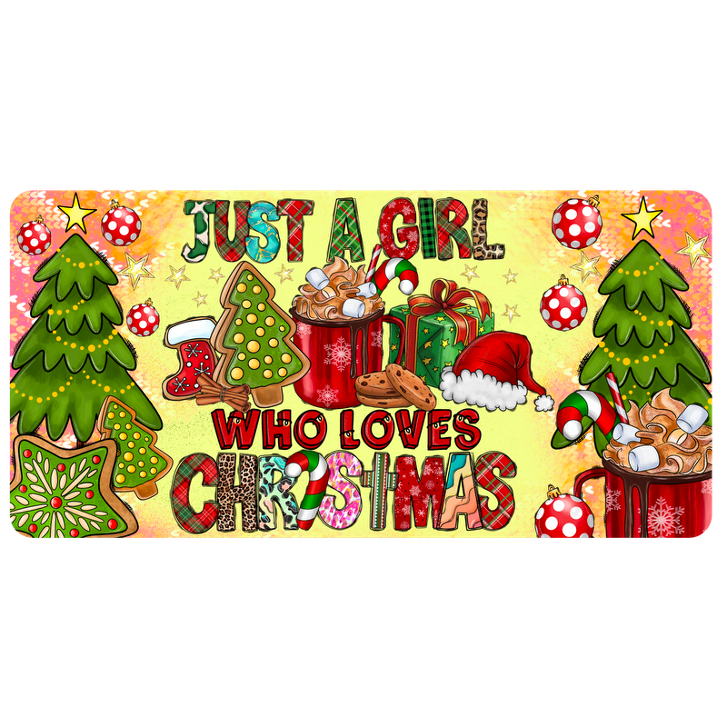 A cheerful holiday-themed design featuring vibrant colors, Christmas trees, gifts, and the phrase "Just a girl who loves Christmas."DTF Transfers heat press transfers dtf prints