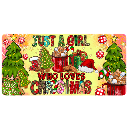 A cheerful holiday-themed design featuring vibrant colors, Christmas trees, gifts, and the phrase "Just a girl who loves Christmas."DTF Transfers heat press transfers dtf prints