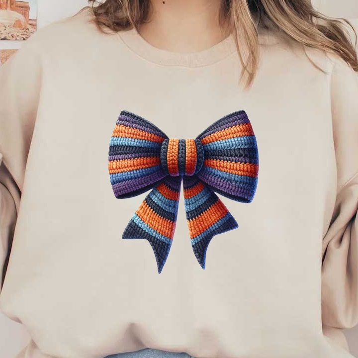 A vibrant, striped bow made of braided fabric in shades of orange, blue, and black, perfect for adding flair to any outfit.dtf regular iron