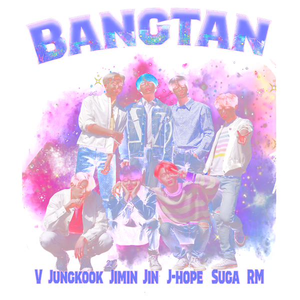 A colorful graphic featuring the seven members of BTS, playfully styled with bright hues and a cosmic backdrop.DTF Transfersdtf regular iron