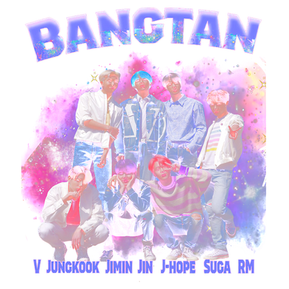 A colorful graphic featuring the seven members of BTS, playfully styled with bright hues and a cosmic backdrop.DTF Transfersdtf regular iron