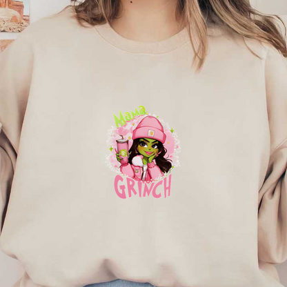 This vibrant graphic features a stylish character, Mama Grinch, in a pink outfit, playfully holding a drink among floral accents.DTF Transfers