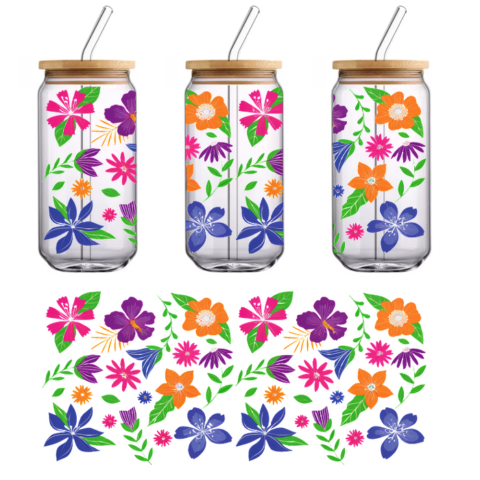 A vibrant floral pattern featuring a variety of colorful flowers and lush green leaves, perfect for spring designs.UV Transfers dtf prints