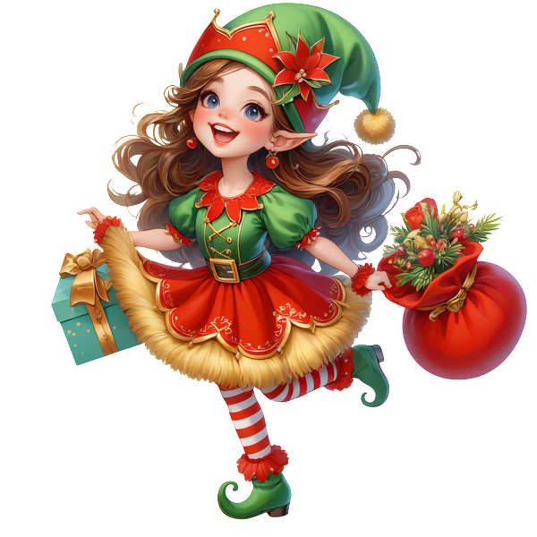 A cheerful young elf in a festive red and green outfit holds a gift and a bag of holiday goodies.DTF Transfers dtf prints