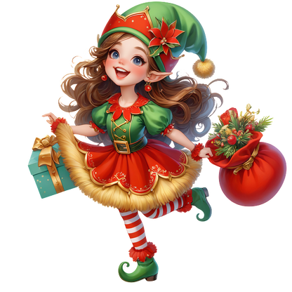 A cheerful young elf in a festive red and green outfit holds a gift and a bag of holiday goodies.DTF Transfers dtf prints