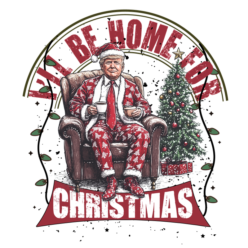 This festive design features a cozy figure in a Christmas-themed suit, enjoying a drink by a decorated tree.DTF Transfersdtf regular iron