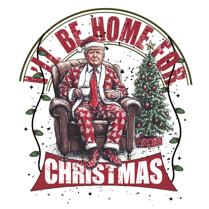 This festive design features a cozy figure in a Christmas-themed suit, enjoying a drink by a decorated tree.DTF Transfersdtf regular iron