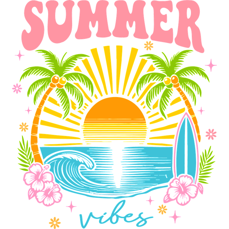 Colorful summer vibes graphic with palm trees, surfboard, and sunset design.DTF Transfers