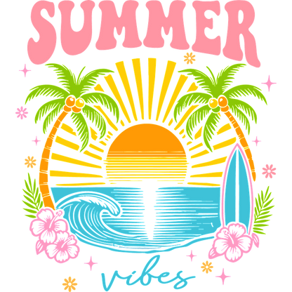 Colorful summer vibes graphic with palm trees, surfboard, and sunset design.DTF Transfers