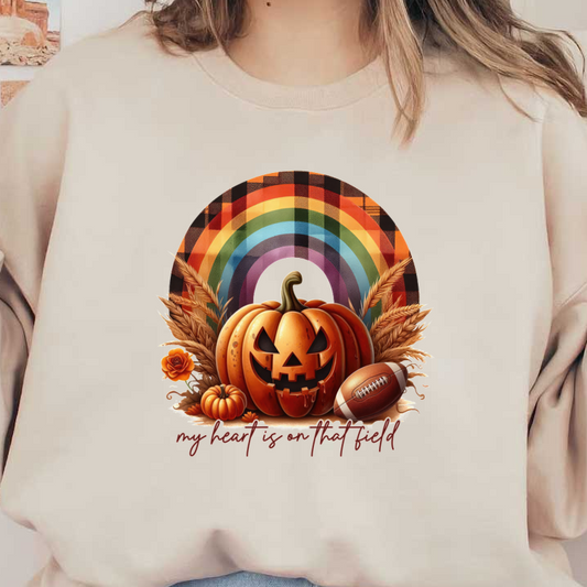 A vibrant autumn-themed design featuring a carved pumpkin, decorative elements like flowers and wheat, and a football against a colorful plaid rainbow background. dtf transfers