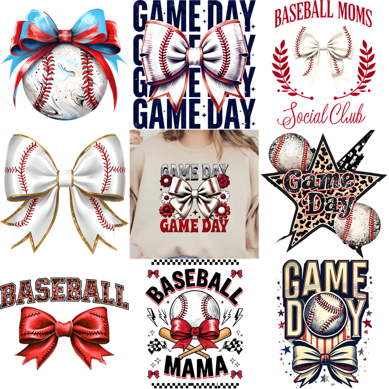 Cheerful baseball-themed designs featuring bows, T-shirts, and game day inspirations!DTF Transfers