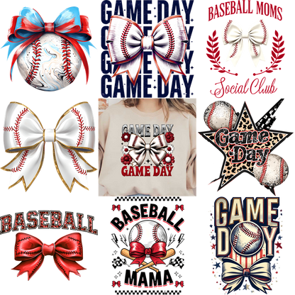 Cheerful baseball-themed designs featuring bows, T-shirts, and game day inspirations!DTF Transfers
