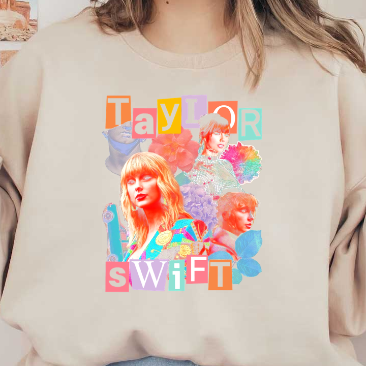 Un collage vibrante y colorido con Taylor Swift, resaltado con elementos artísticos y texto en negrita que celebra su nombre. Transferencias DTF