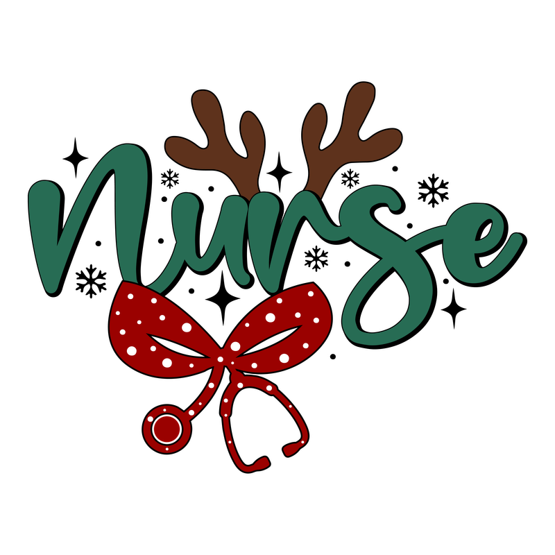 A festive design featuring the word "Nurse" adorned with reindeer antlers and a cheerful red bow, perfect for holiday celebrations.DTF Transfers