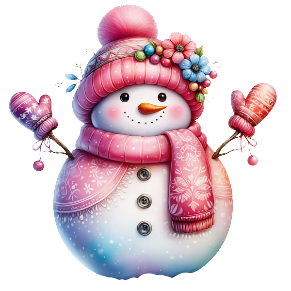 A charming snowman adorned with a pink hat, matching scarf, and colorful flowers, holding mittens and exuding festive cheer. heat press transfers dtf prints