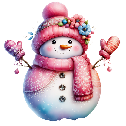 A charming snowman adorned with a pink hat, matching scarf, and colorful flowers, holding mittens and exuding festive cheer. heat press transfers dtf prints