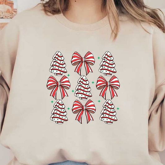 A festive illustration featuring a grid of Christmas trees and bows, adorned with red and white stripes, and green polka dots. dtf transfers