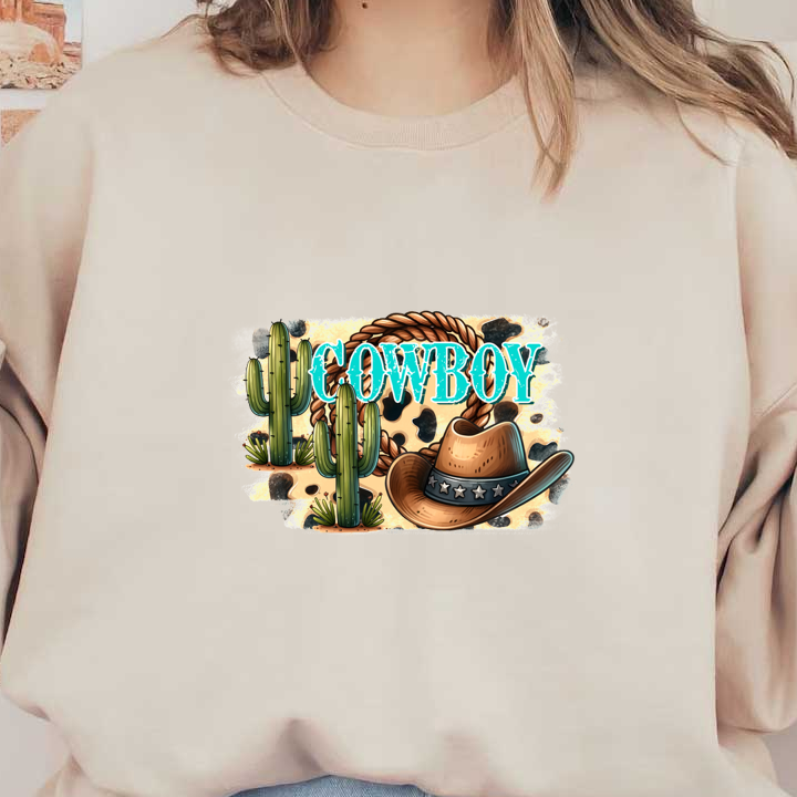 Un diseño vibrante con temática de vaquero que incluye un sombrero clásico, cactus y un lazo con texto en negrita que dice "COWBOY".