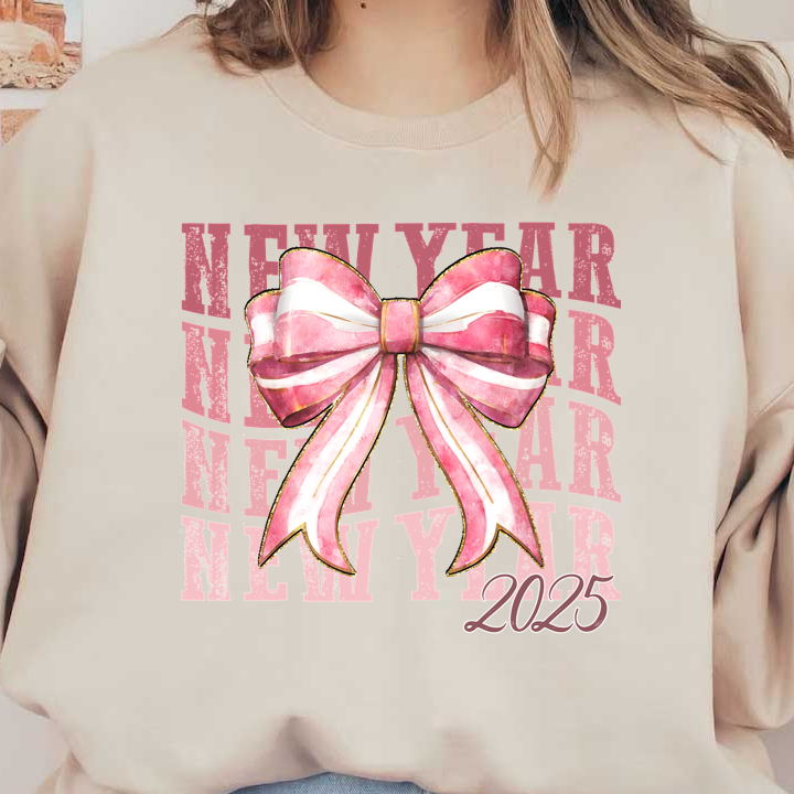 Celebrate the New Year with this vibrant pink and white watercolor bow design, featuring "New Year 2025" text in the background.DTF Transfers heat press transfers heat press transfers