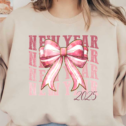 Celebrate the New Year with this vibrant pink and white watercolor bow design, featuring "New Year 2025" text in the background.DTF Transfers heat press transfers heat press transfers