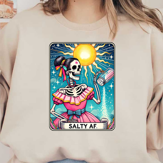 Una ilustración vibrante de un esqueleto con un vestido rosa y un sol de fondo, vertiendo sal de manera divertida y expresando una vibra "Salty AF".