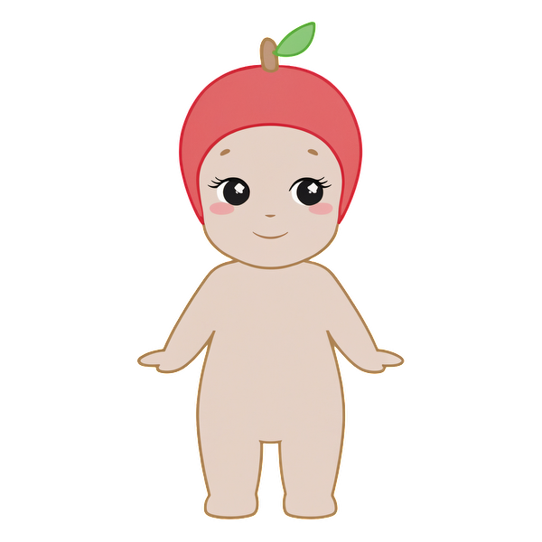 A cute, cartoonish baby character wearing a bright red apple hat, featuring large expressive eyes and a happy smile.DTF Transfersdtf regular iron