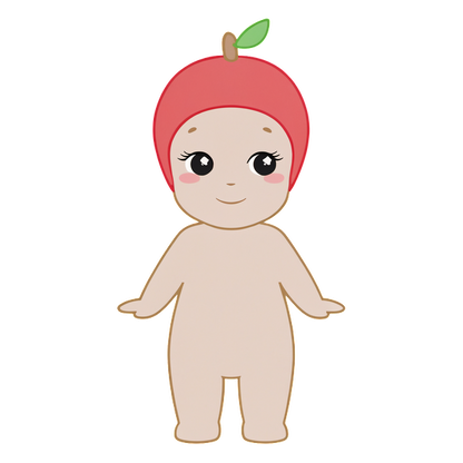 A cute, cartoonish baby character wearing a bright red apple hat, featuring large expressive eyes and a happy smile.DTF Transfersdtf regular iron