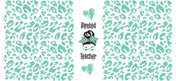 A vibrant turquoise design featuring playful leaf patterns, hearts, and a character with glasses and a bow, radiating positivity.UV Transfersdtf regular iron