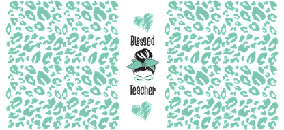 A vibrant turquoise design featuring playful leaf patterns, hearts, and a character with glasses and a bow, radiating positivity.UV Transfersdtf regular iron