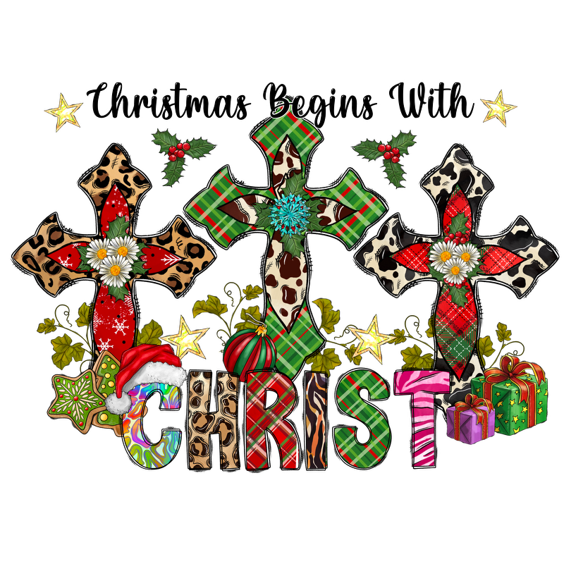 Celebrate the season with this vibrant Christmas design featuring colorful crosses, festive decorations, and cheerful holiday elements.DTF Transfers heat press transfers