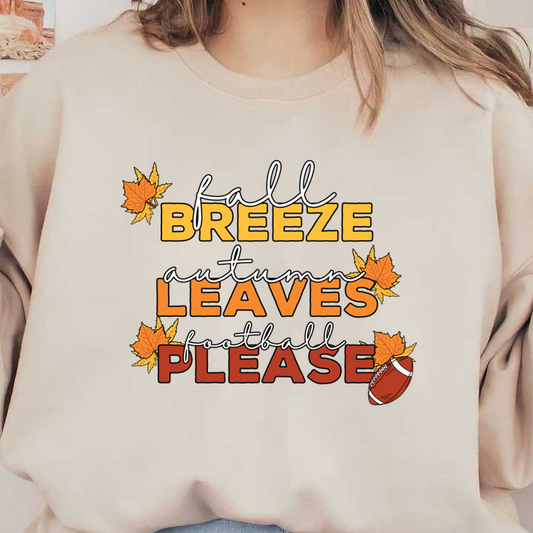 Celebre la temporada de otoño con este diseño vibrante que presenta las frases "Brisa de otoño", "Hojas de otoño" y "Fútbol, ​​por favor".